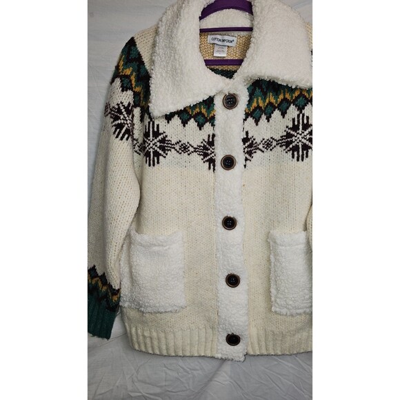 Cotton Emporium Cream Fair Isle Sherpa Collar Button Knit Cardigan Sweater XL - Picture 5 of 7